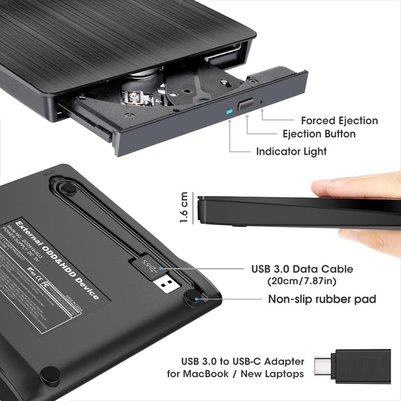 ROOFULL External CD DVD Drive for Laptop, USB 3.0 Type-C Portable CD/DVD Player Burner Reader Writer Adapter for Windows 11/10 Computer Mac MacBook Linux PC - Image 5